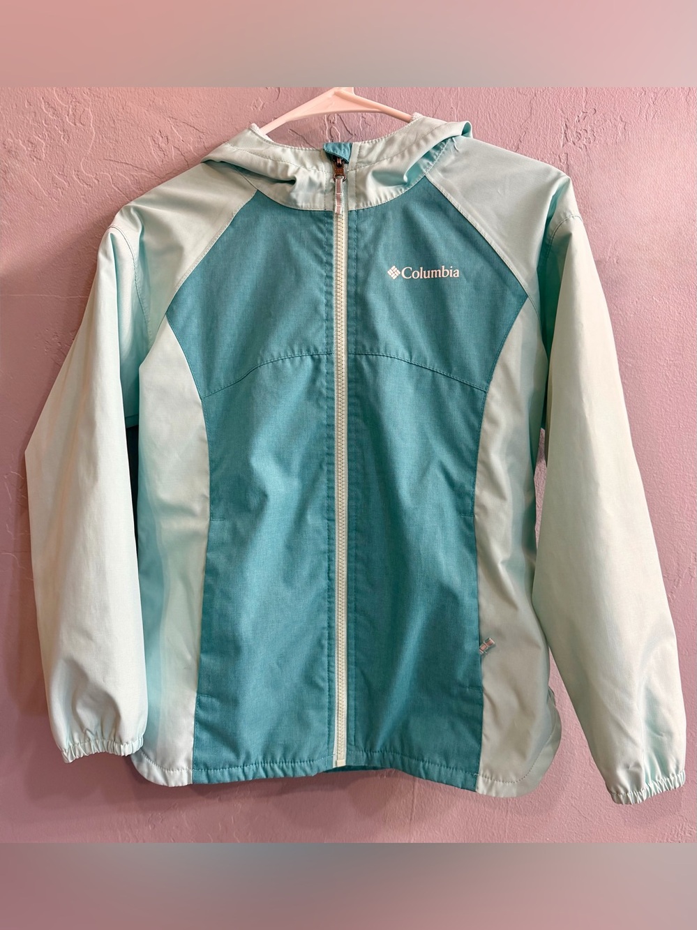 Columbia Girls' Teal and Light Aqua Hooded Rain Jacket
